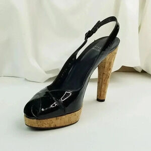 Stuart Weitzman 10M Exsling Peep Toe Slingback Cork Platform Heels Black Patent